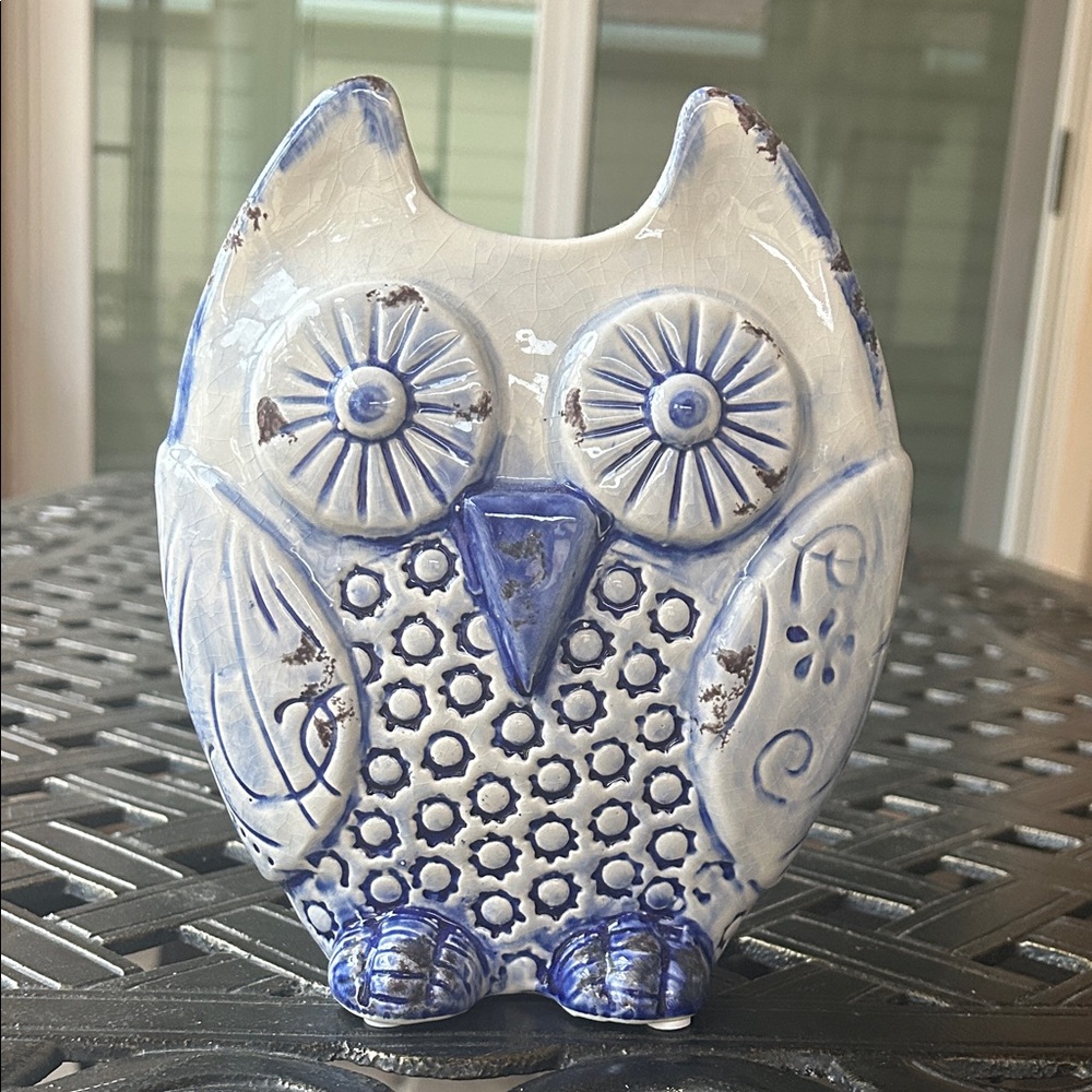 Blue and White Ceramic Owl Figurine